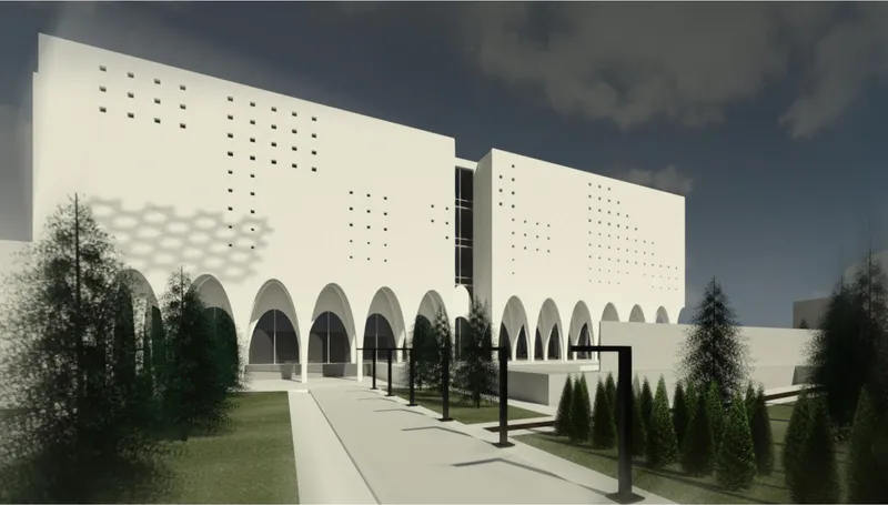White perforated facade with repeating arched colonnade along a pedestrian path lined with conifers