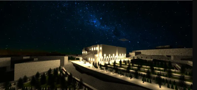 Night view of illuminated arched arcade with tiered levels rising from a landscape under stars