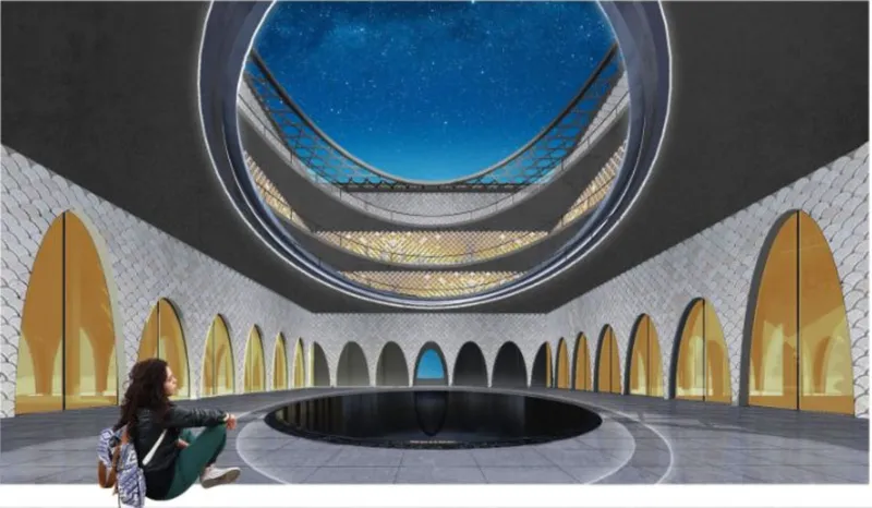 Interior view of circular oculus above ring of golden arches with two figures seated by central void