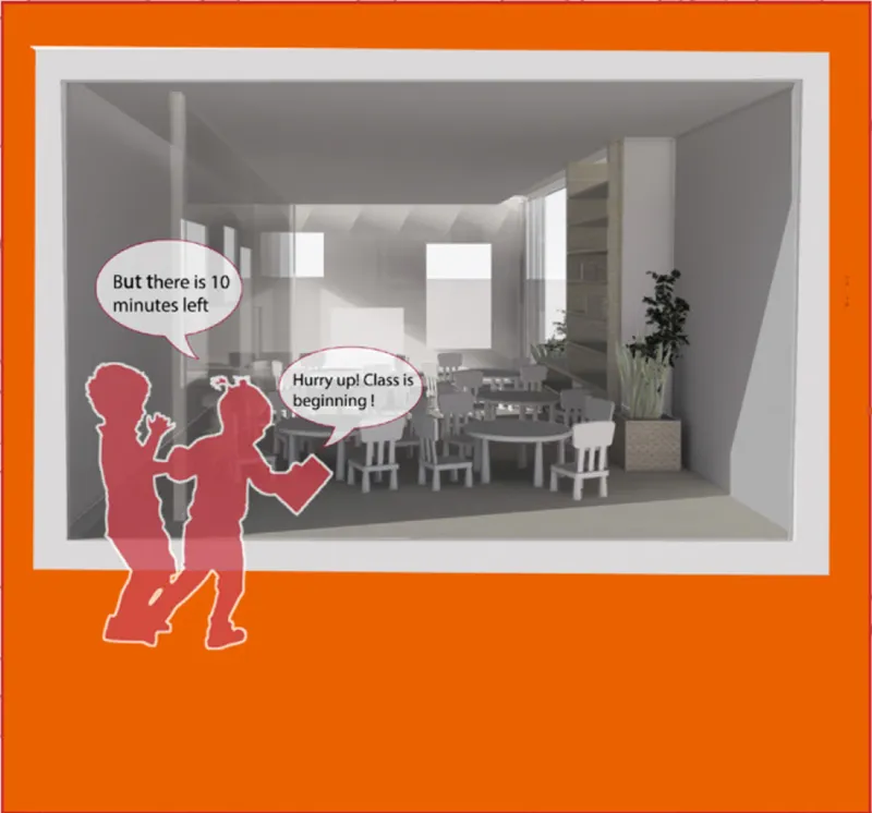 Section view through a classroom with dining table, chairs, and potted plant by the window