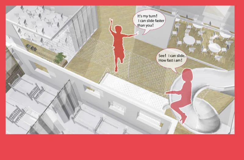 Aerial axonometric view showing courtyard with play structures and yellow ground surfaces