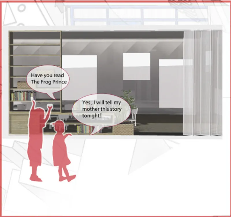 Interior view of library shelving and study area with figure silhouettes in the foreground