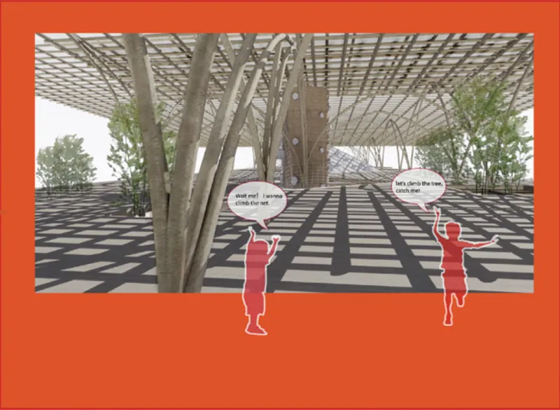 Rendered view of outdoor timber pergola structure casting striped shadows on the ground
