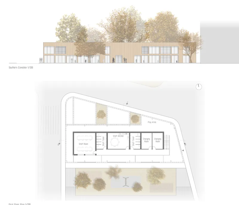 Southern elevation and first floor plan drawing with figures and trees in autumn foliage