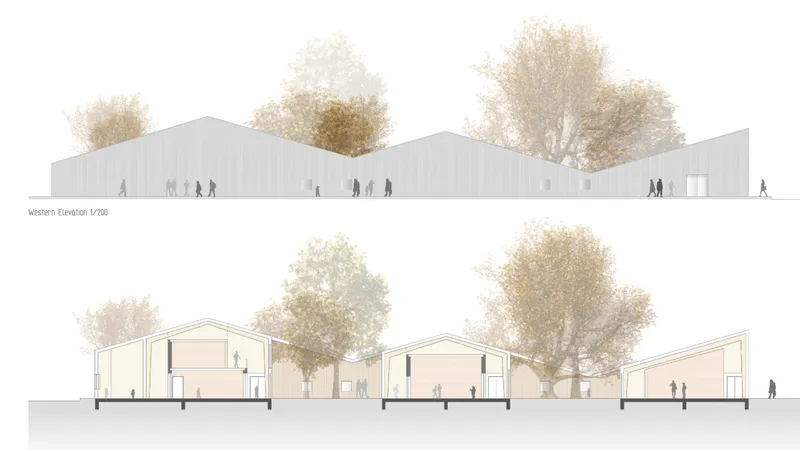 Western elevation and building section drawings showing gabled roof forms with silhouetted figures