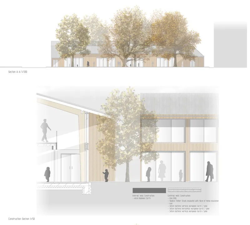 Building section and construction detail drawing showing vertical cladding and trees between volumes