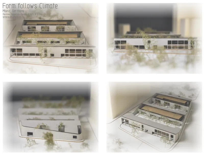 Physical model showing three stepped volumes with rooftop gardens and horizontal window bands