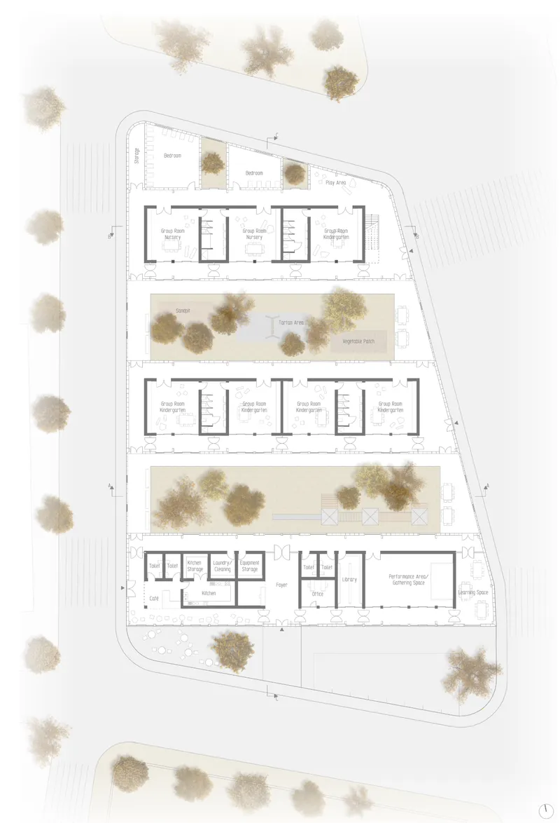 Site plan drawing showing three linear buildings with courtyards and scattered trees throughout