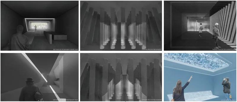 Composite showing six interior and installation views including skylit chambers with suspended fabric baffles and gallery spaces with visitors