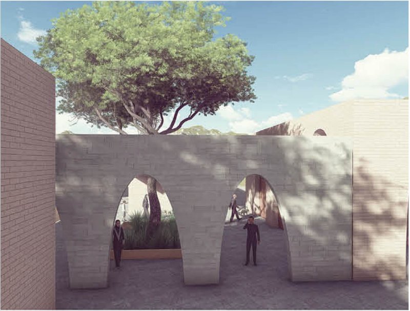 Rendering of arched openings in a light stone wall with dappled tree shadows and visitors passing through