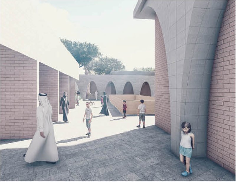 Courtyard view with brick walls flanking a paved plaza where visitors gather beneath arched openings and blue sky