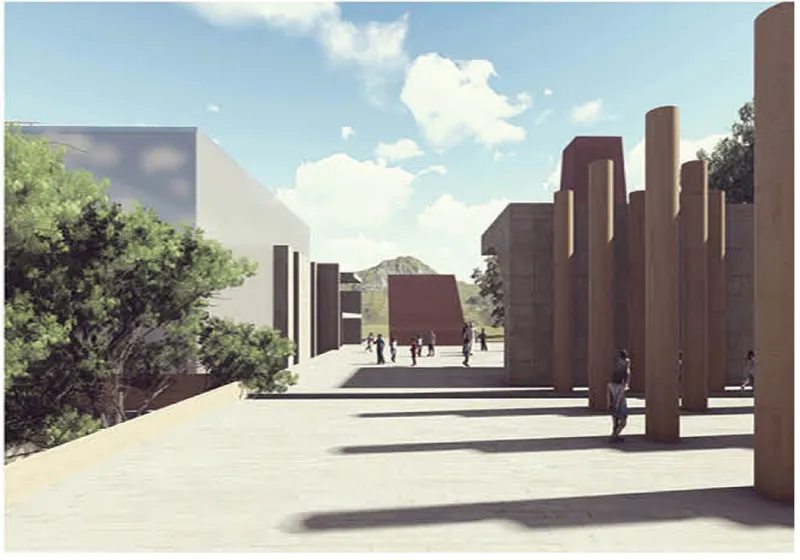 Plaza with tall cylindrical columns and low cubic volumes under a partly cloudy sky with scattered visitors