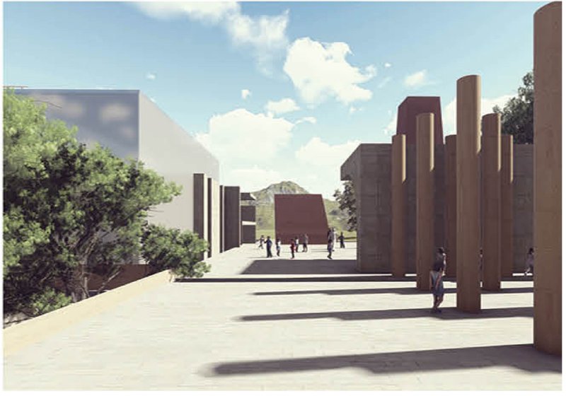 Plaza with tall cylindrical columns and low cubic volumes under a partly cloudy sky with scattered visitors