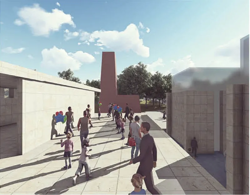 Open courtyard with crowds crossing sunlit pavement between low pavilions and a tall red masonry tower