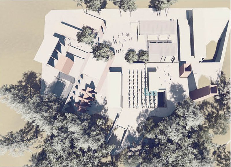 Top-down view of a site model with angular buildings set among dense tree clusters and a central colonnade