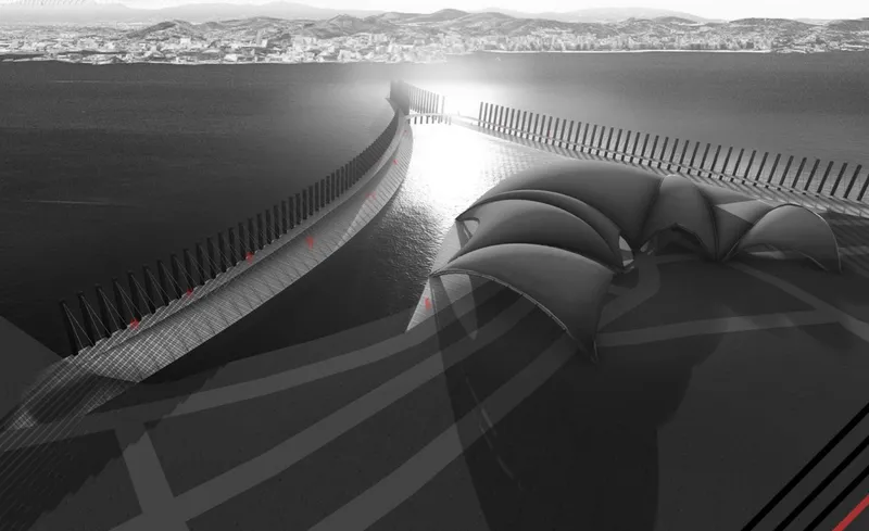 Aerial view of the curving shell roof structures and slatted perimeter wall extending across the waterfront at sunset