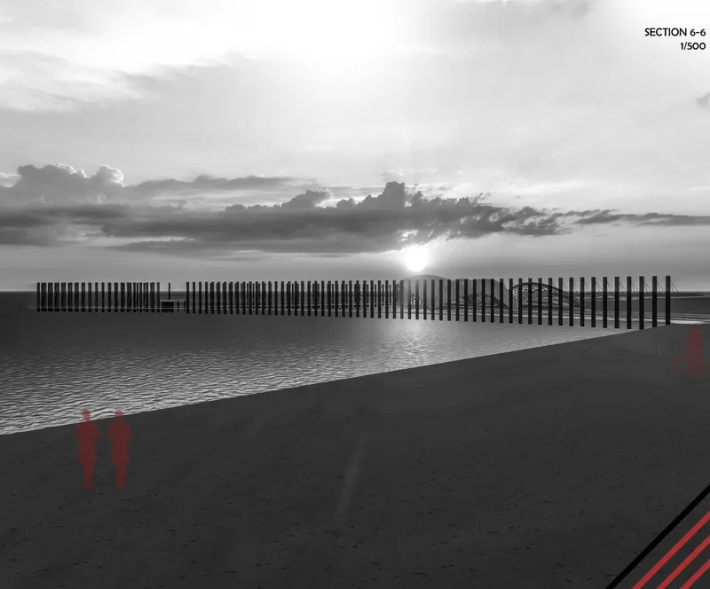 View across the water toward the rhythmic vertical slat wall under a dramatic clouded sky at dusk