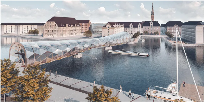 Aerial rendering showing the serpentine bridge crossing the harbor with a boat passing underneath