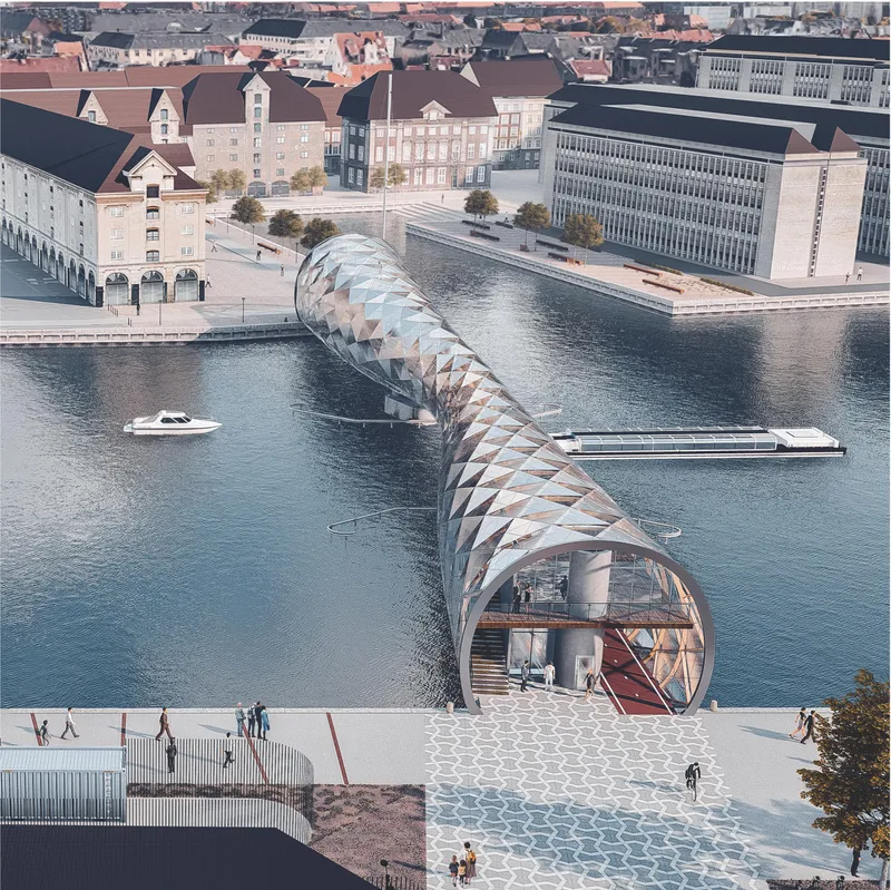 Elevated view of the curved bridge with faceted glazing and exposed steel structure over the water