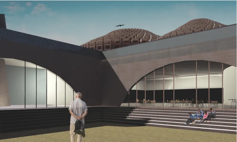 Arched concrete entrance canopy with glazed opening overlooking stepped plaza seating with visitors and a bird overhead