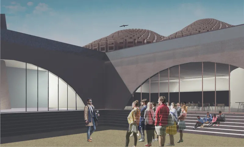 Concrete plaza with clustered visitors near arched glazed entrance and stepped seating under latticed brick domes