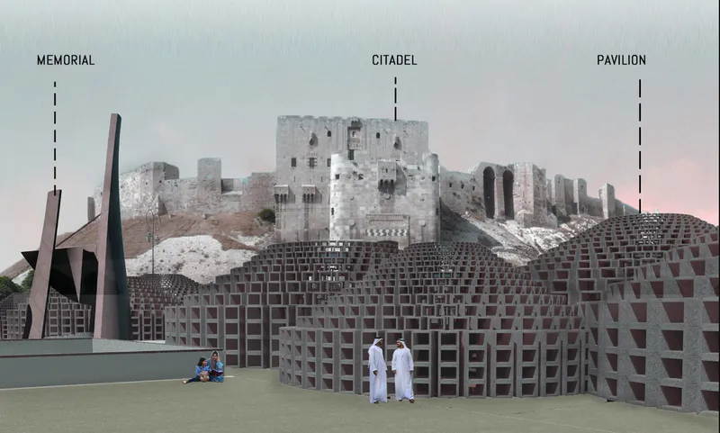 Rendered elevation showing perforated brick volumes at the base of a hilltop citadel with two figures standing