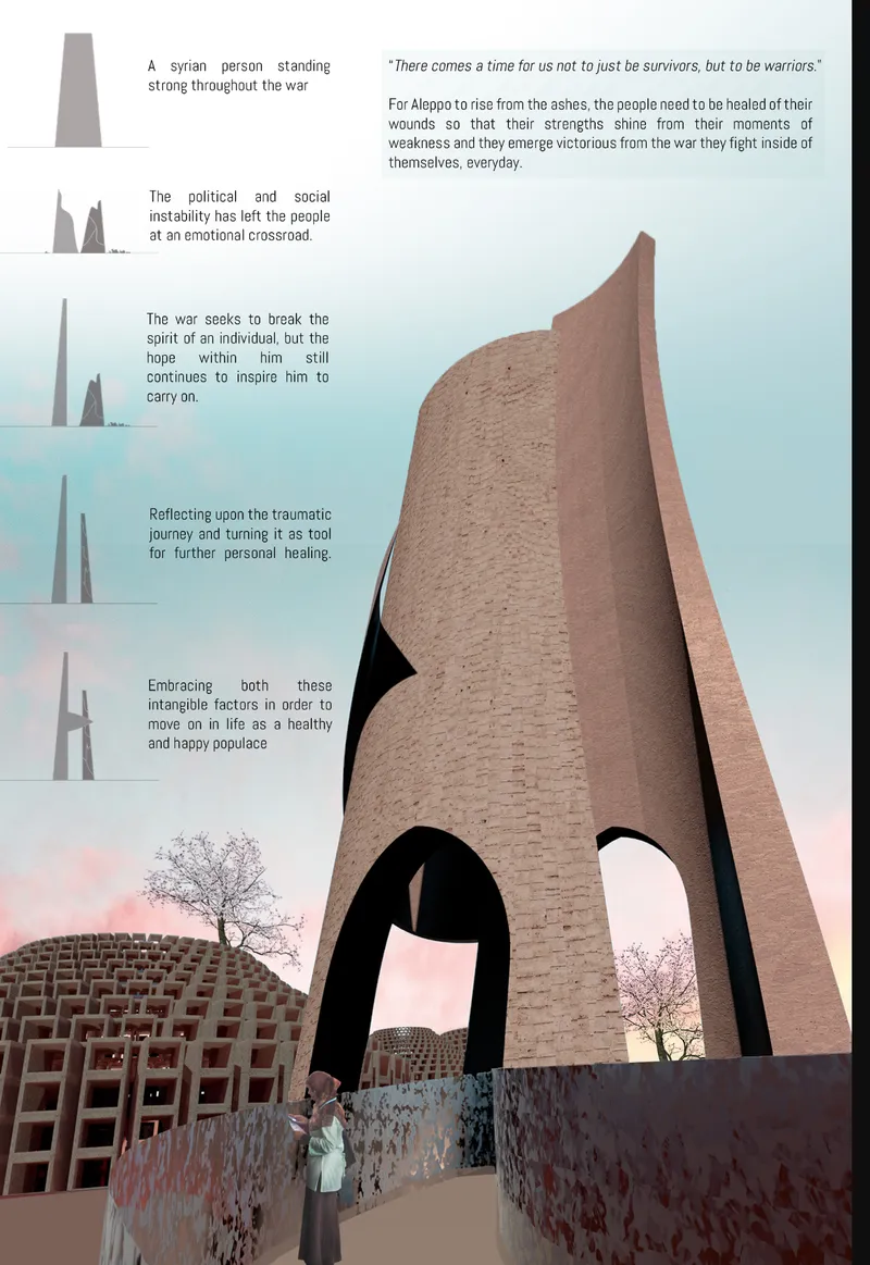 Presentation drawing showing the tall brick tower with arched openings and figures on the plaza at dusk