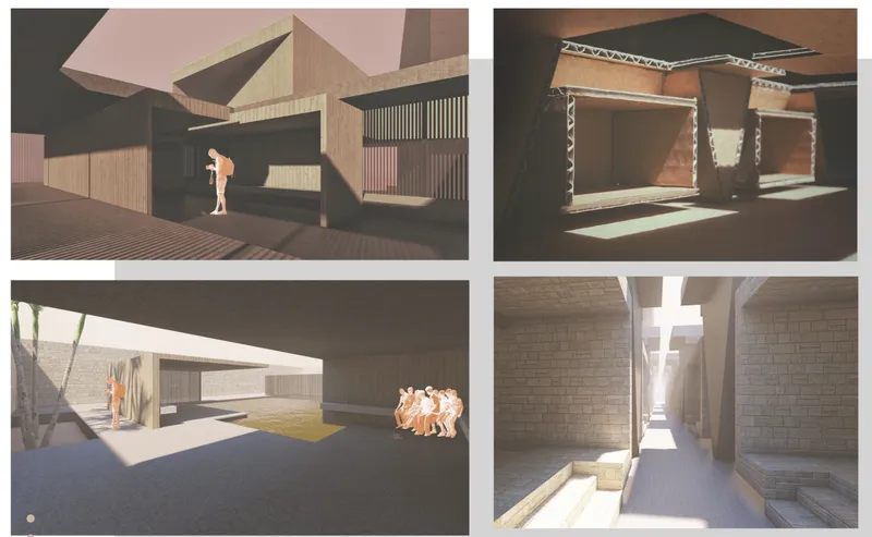 Four rendered views showing covered passages, courtyards, and interior corridors with figures and light wells