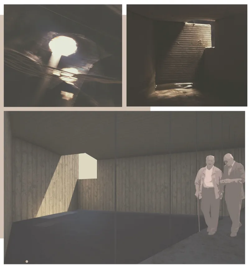 Three rendered views of interior spaces with circular skylights casting light patterns on walls and floors