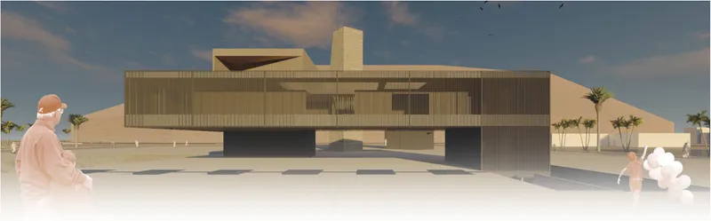 Architectural rendering of the elevated horizontal volume with vertical slatted facade and figures in foreground