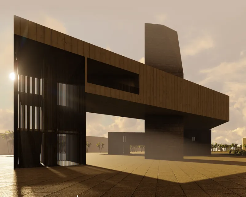 Cantilevered timber-clad volume with vertical screen wall casting long shadows at dusk