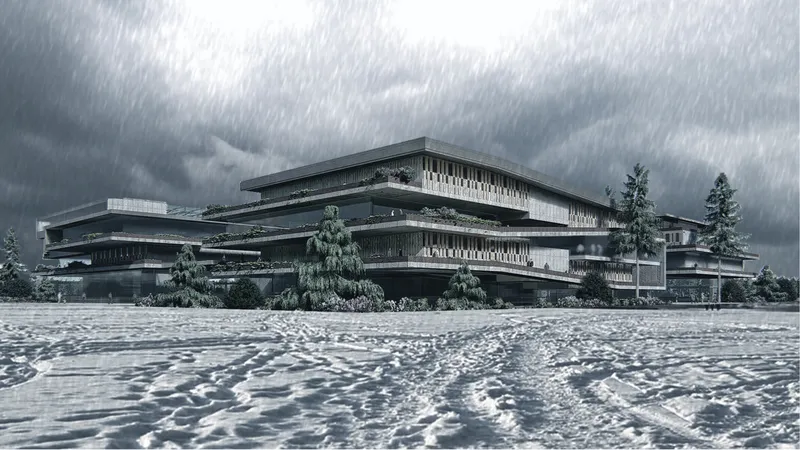 Stacked horizontal volumes with vertical wood screens in a snow-covered field under heavy snowfall