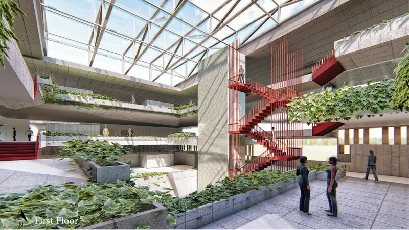 Interior atrium with red staircase, planted terraces and glazed skylight with figures on multiple levels