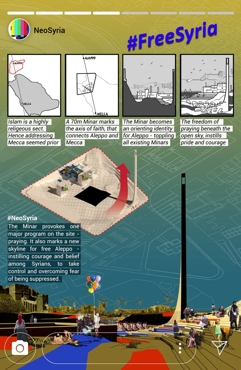 Rendered public space view featuring a tall red minaret tower, low platforms and people gathering near water
