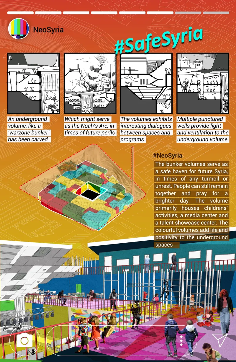 Rendered interior view of an underground space with colorful vertical tubes, platforms and children playing below