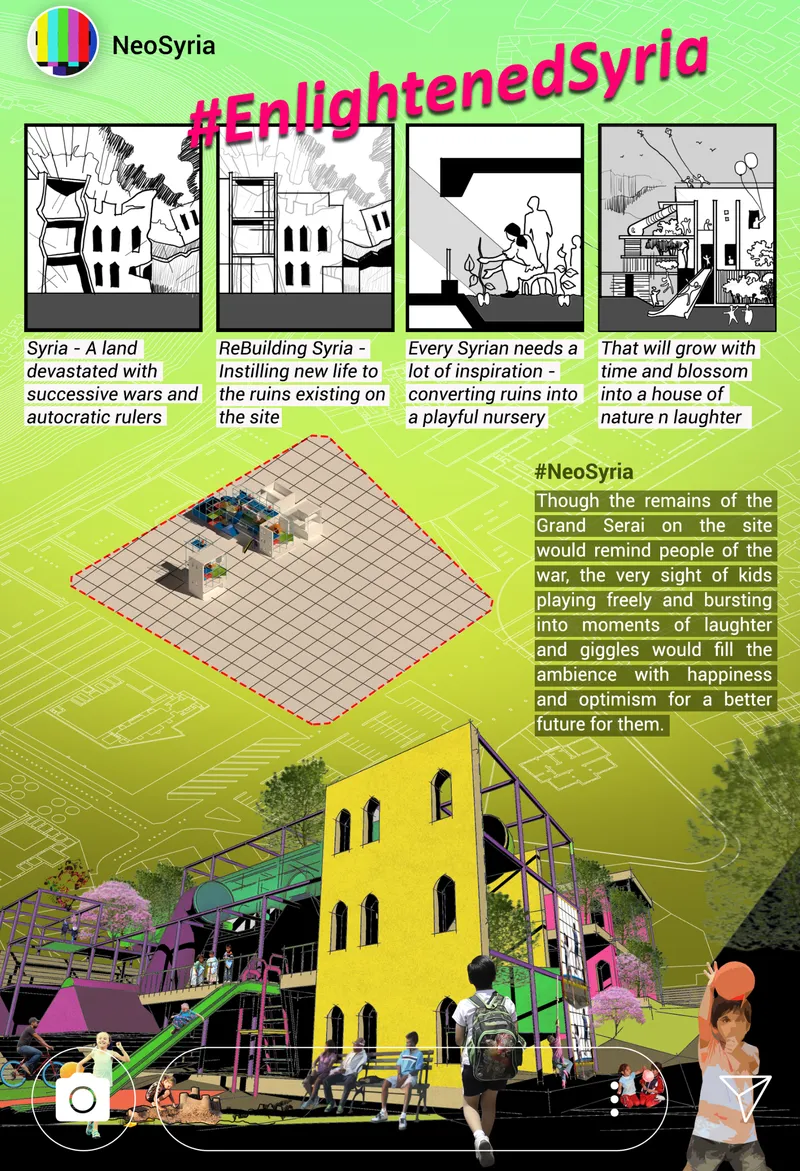 Rendered site view showing a yellow ruin fragment surrounded by green scaffolding, play structures and people