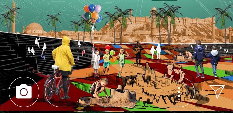 Rendered plaza view with children playing on colorful terraces, palm trees, balloons and a hillside backdrop