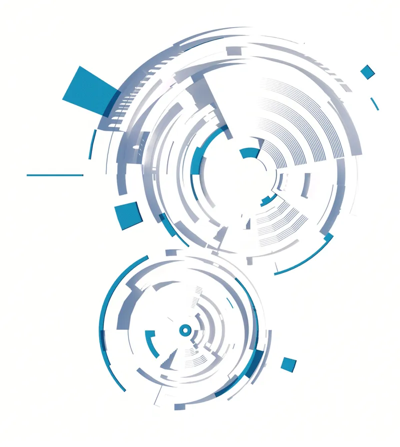 Diagram drawing showing two concentric circular forms with radiating blue and grey segments