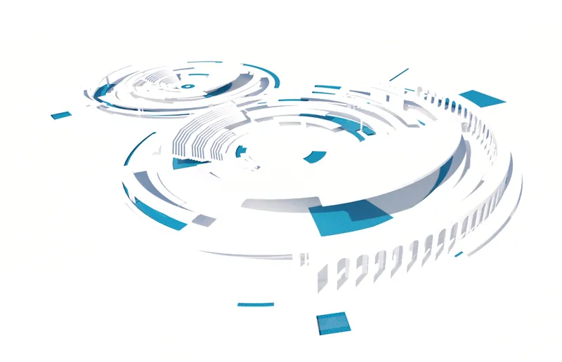 Axonometric drawing depicting layered circular and curved volumes with blue accents