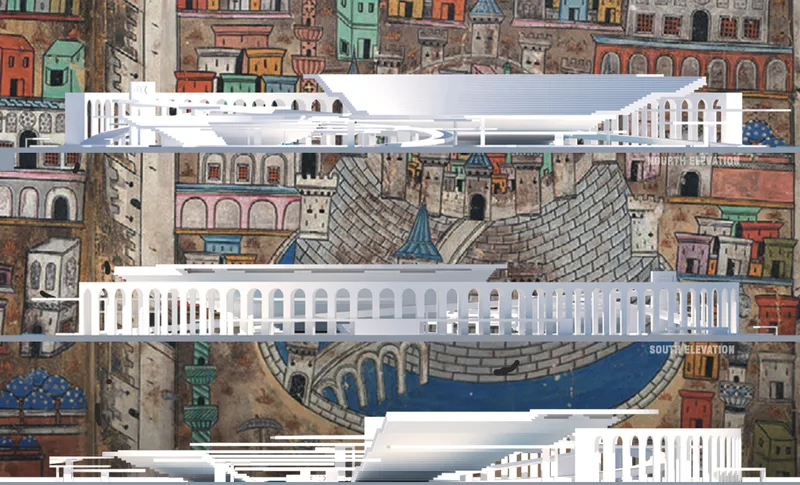 Section drawing of white tiered structures overlaid on an illustration of a dense urban fabric