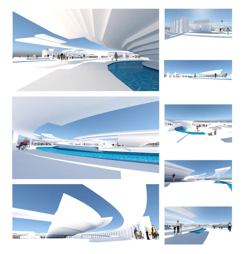 Rendering compilation showing white canopy structures over blue pools with people under clear skies