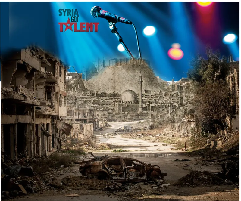 Photomontage of a ruined street with stage lights and microphone superimposed above rubble