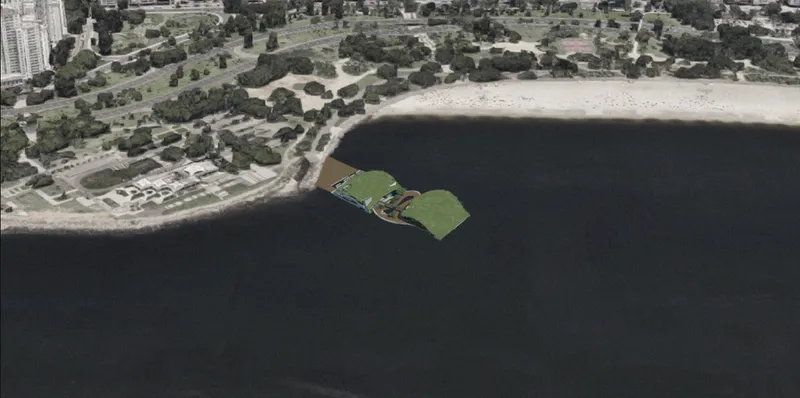 Aerial view of green rooftop platforms extending into the dark water from a tree-lined shore