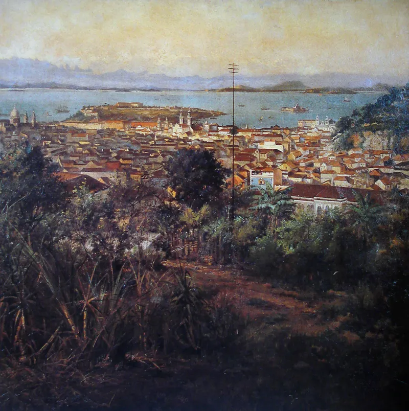 Painted view of the dense roofscape overlooking the bay with mountains in the distance