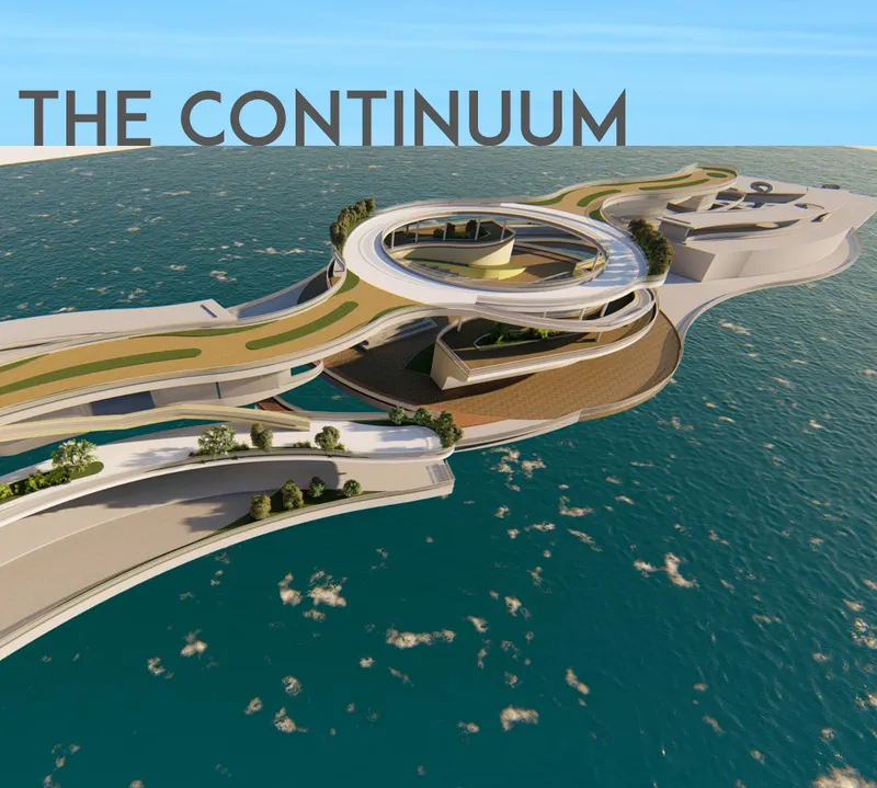 Aerial view of the interconnected circular and ribbon-like volumes extending over turquoise water