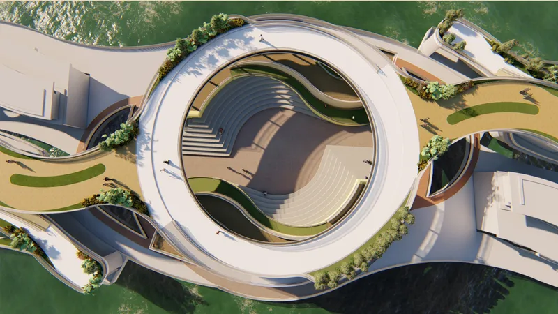 Overhead view of the circular courtyard with amphitheater seating and planted terraces at its perimeter