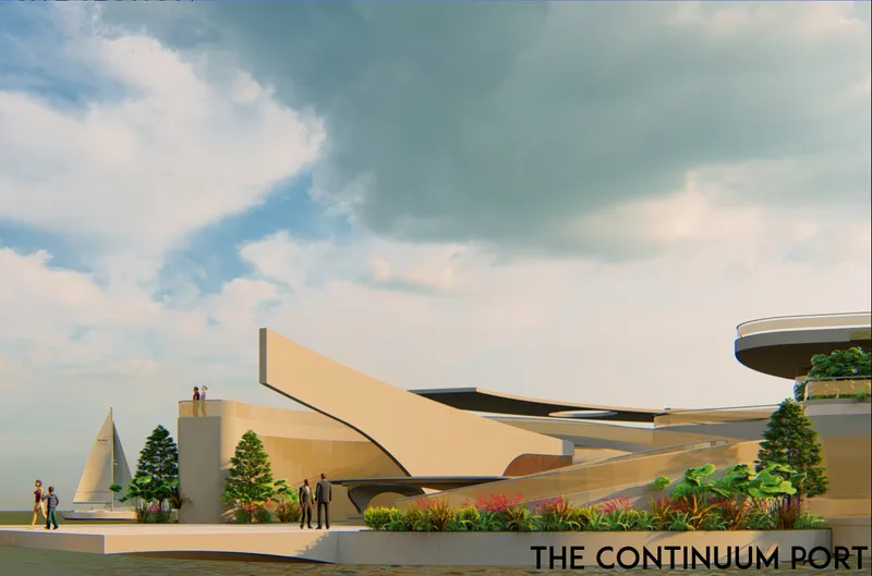 Waterfront view of the curving cantilevered roof with planted terraces and sailboat passing by