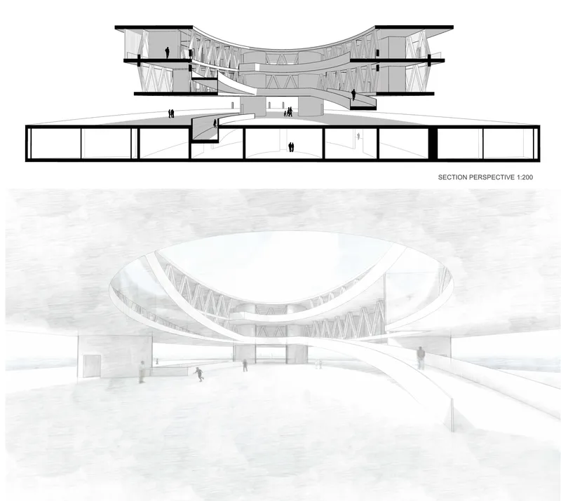 Section perspective and interior rendering showing the curved roof structure with triangular trusses and central atrium