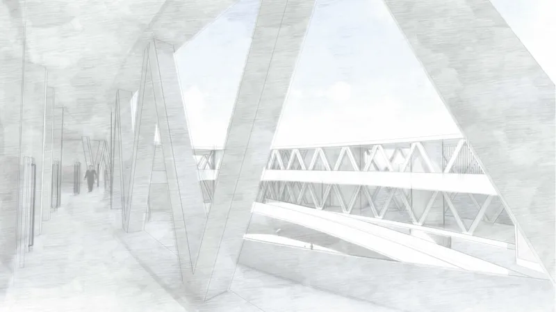 Interior perspective rendering depicting angled columns and triangular truss structure beneath large skylights