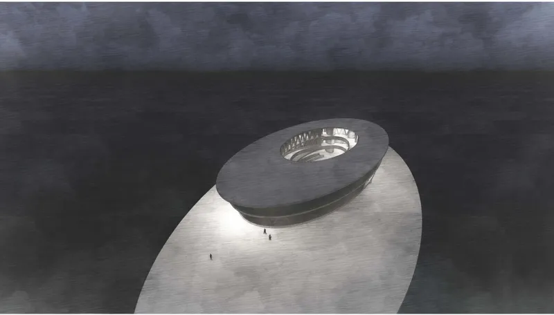 Aerial rendering of the oval roof with central oculus under dark storm clouds